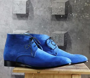 Handmade Blue Half Ankle Suede Lace Up Men's Boot