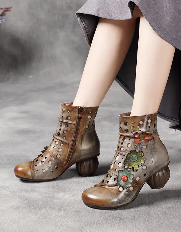 Handmade Leather Flower Hollow Retro Boots