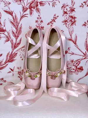 Historically Inspired Pink Satin Rosette Ballet Slippers with Ribbon Laces