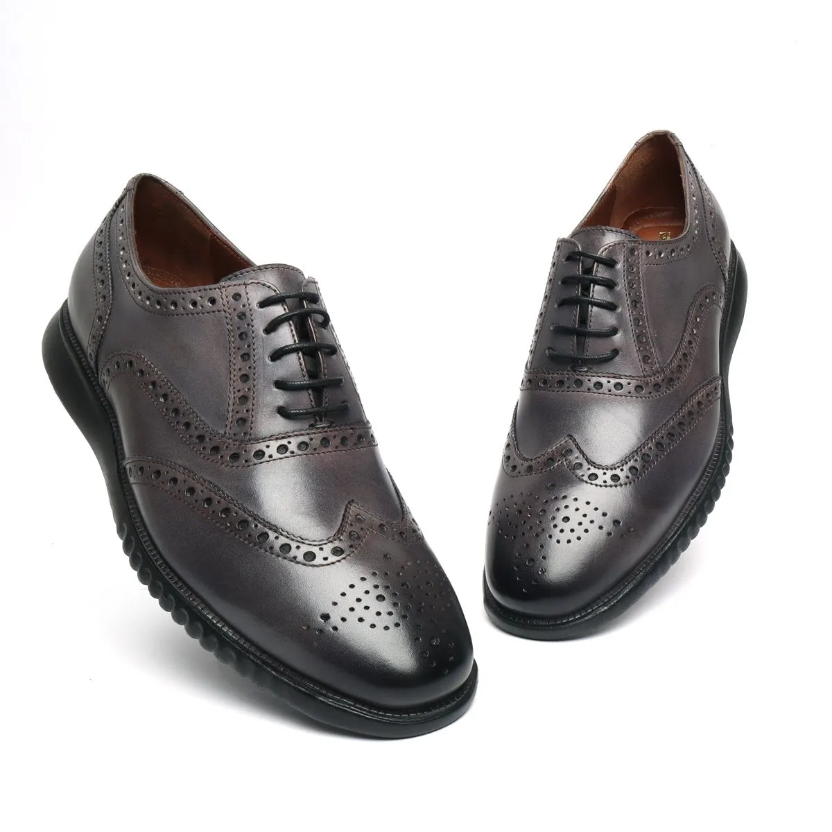 Light Weight Collection Grey Leather Brogue Shoe with Flat Cushioned Sole