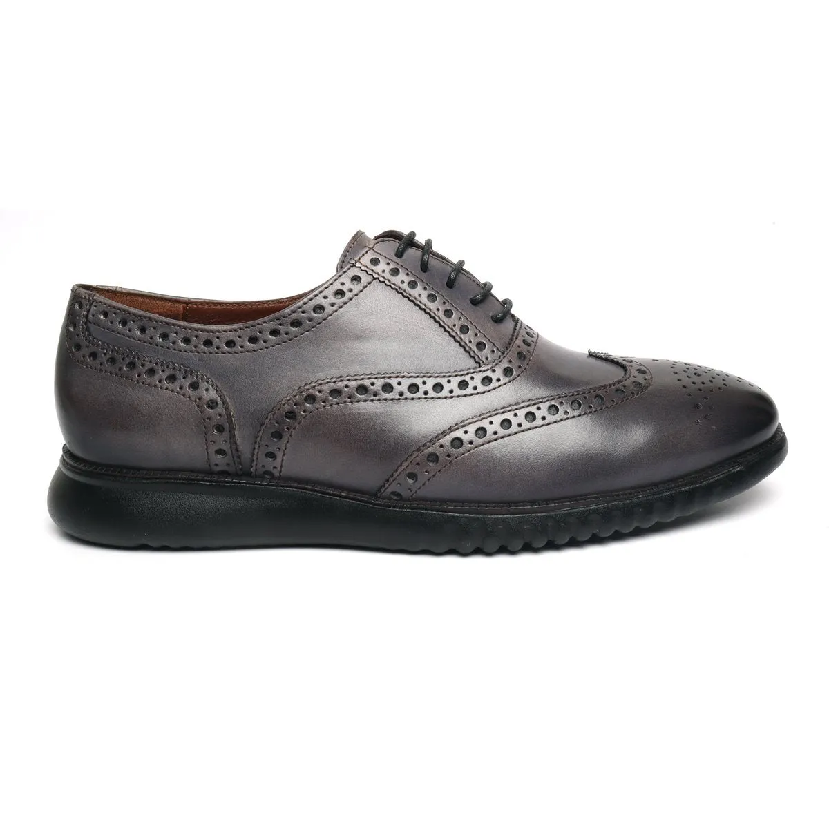 Light Weight Collection Grey Leather Brogue Shoe with Flat Cushioned Sole