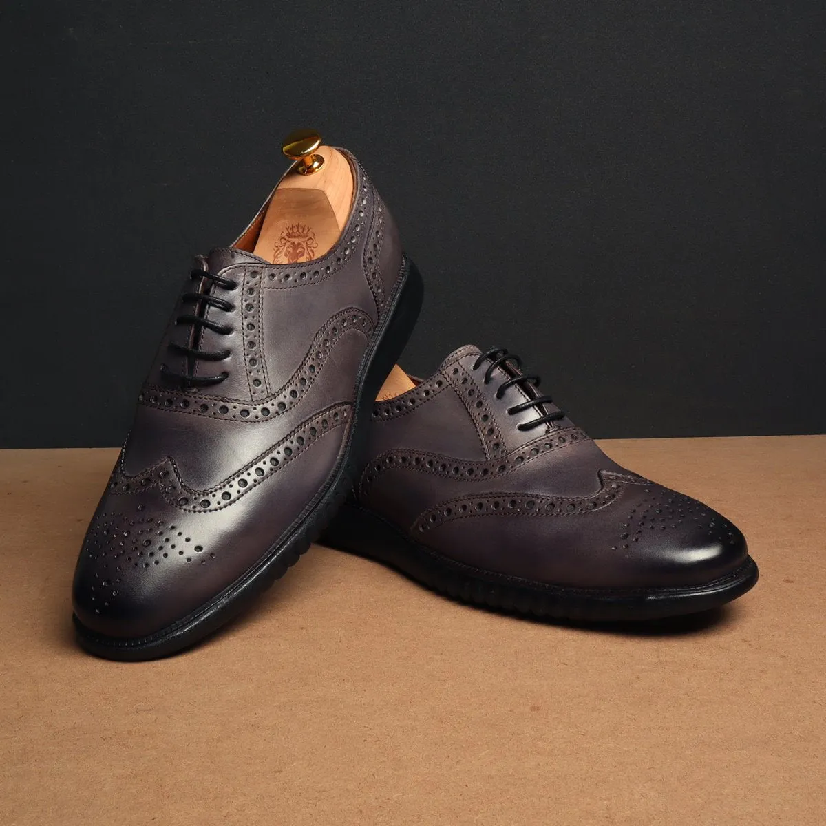 Light Weight Collection Grey Leather Brogue Shoe with Flat Cushioned Sole