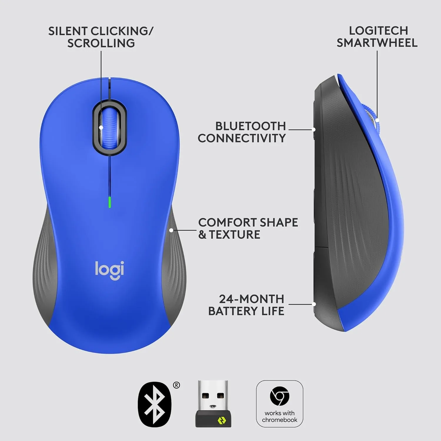 Logitech Signature M550 L Full Size Wireless Mouse - for Large Sized Hands, 2-Year Battery, Silent Clicks, Bluetooth, Multi-Device Compatibility - Blue