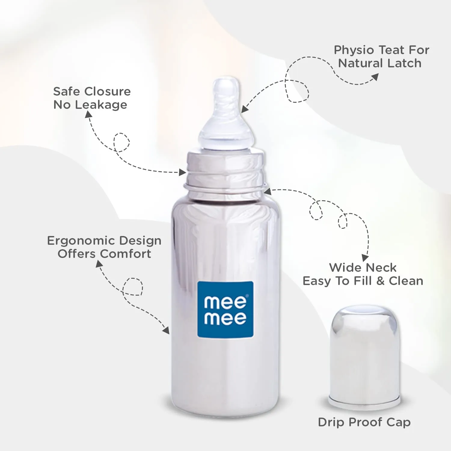 Mee Mee Baby Premium Steel Feeding Bottle with Advanced Anti Colic Valve, BPA Free, Soft Silicone Teat, for Babies/Infants/Newborns of 0-2 Years (Silver, 240ml)