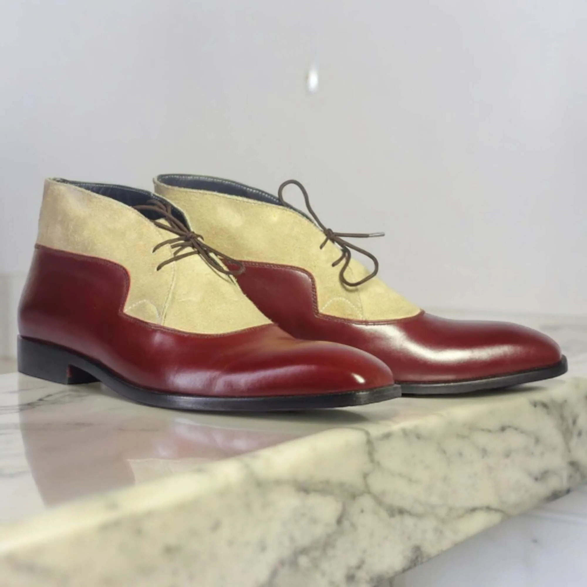 Men's Burgundy & Beige Lace Up Leather Suede Shoe