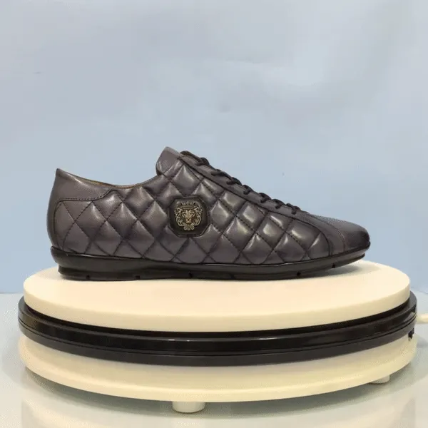 Men's Grey Leather Sneakers with Diamond Stitched Pattern & Metal Lion