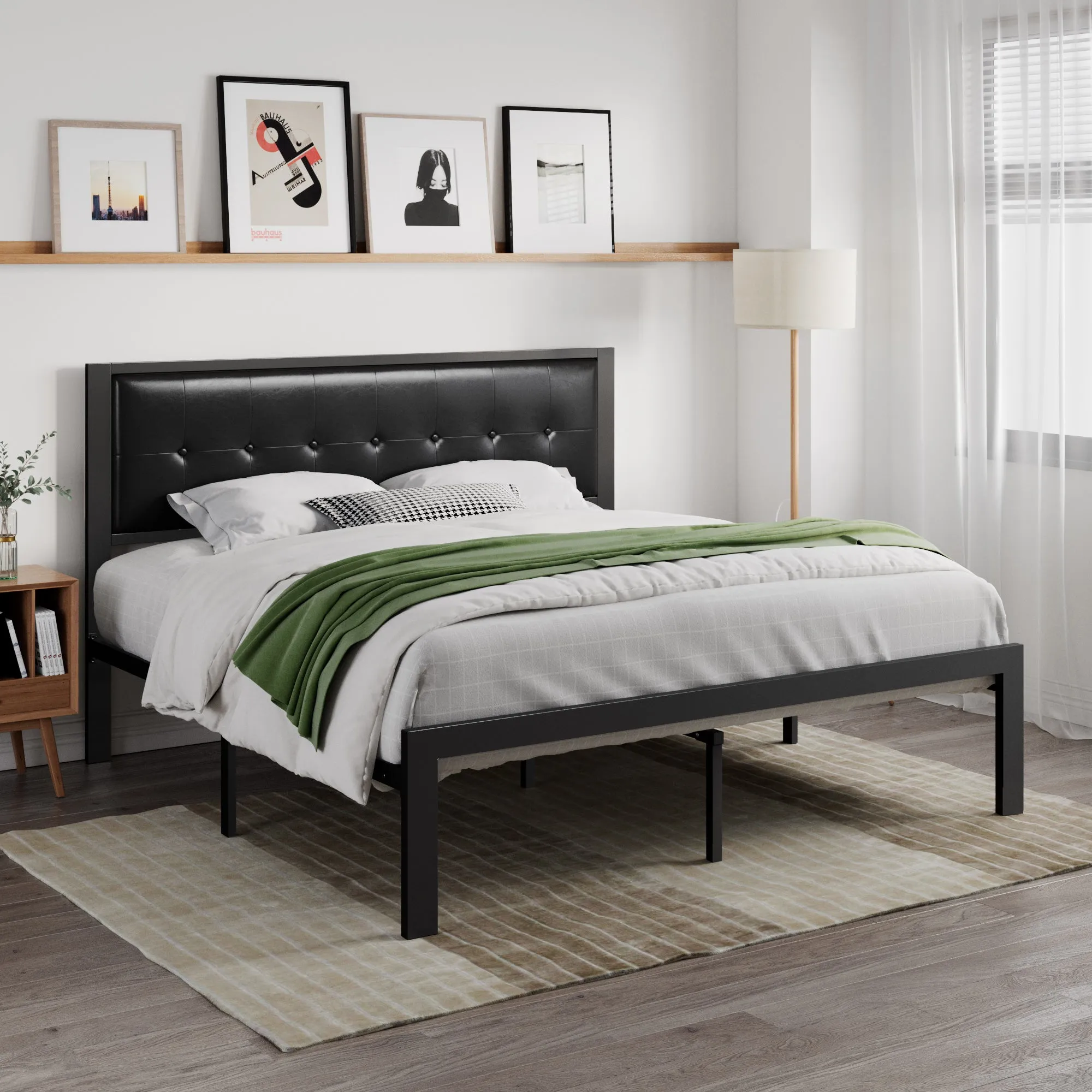 Metal Platform Bed Frame with Headboard, Faux Leather Button Tufted Square Stitched Design