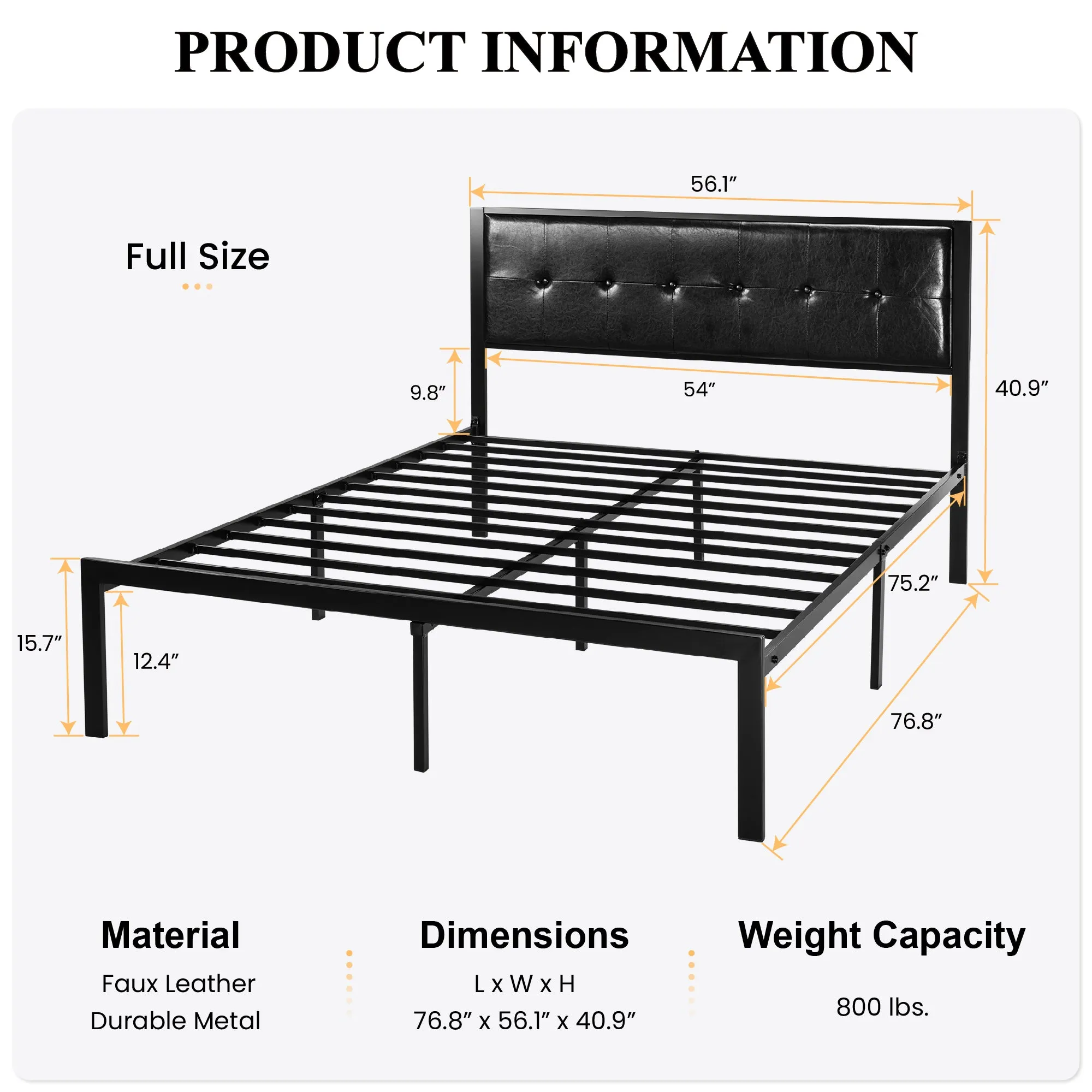 Metal Platform Bed Frame with Headboard, Faux Leather Button Tufted Square Stitched Design