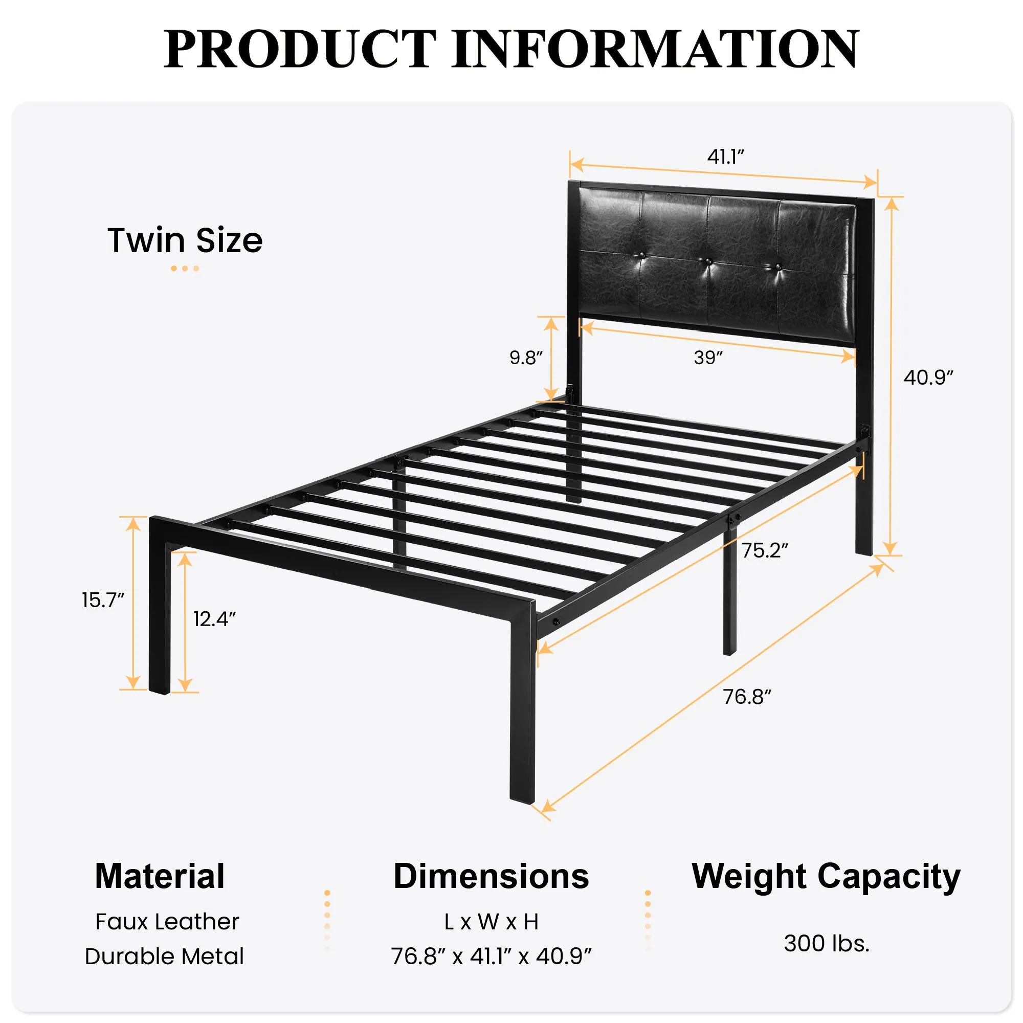 Metal Platform Bed Frame with Headboard, Faux Leather Button Tufted Square Stitched Design