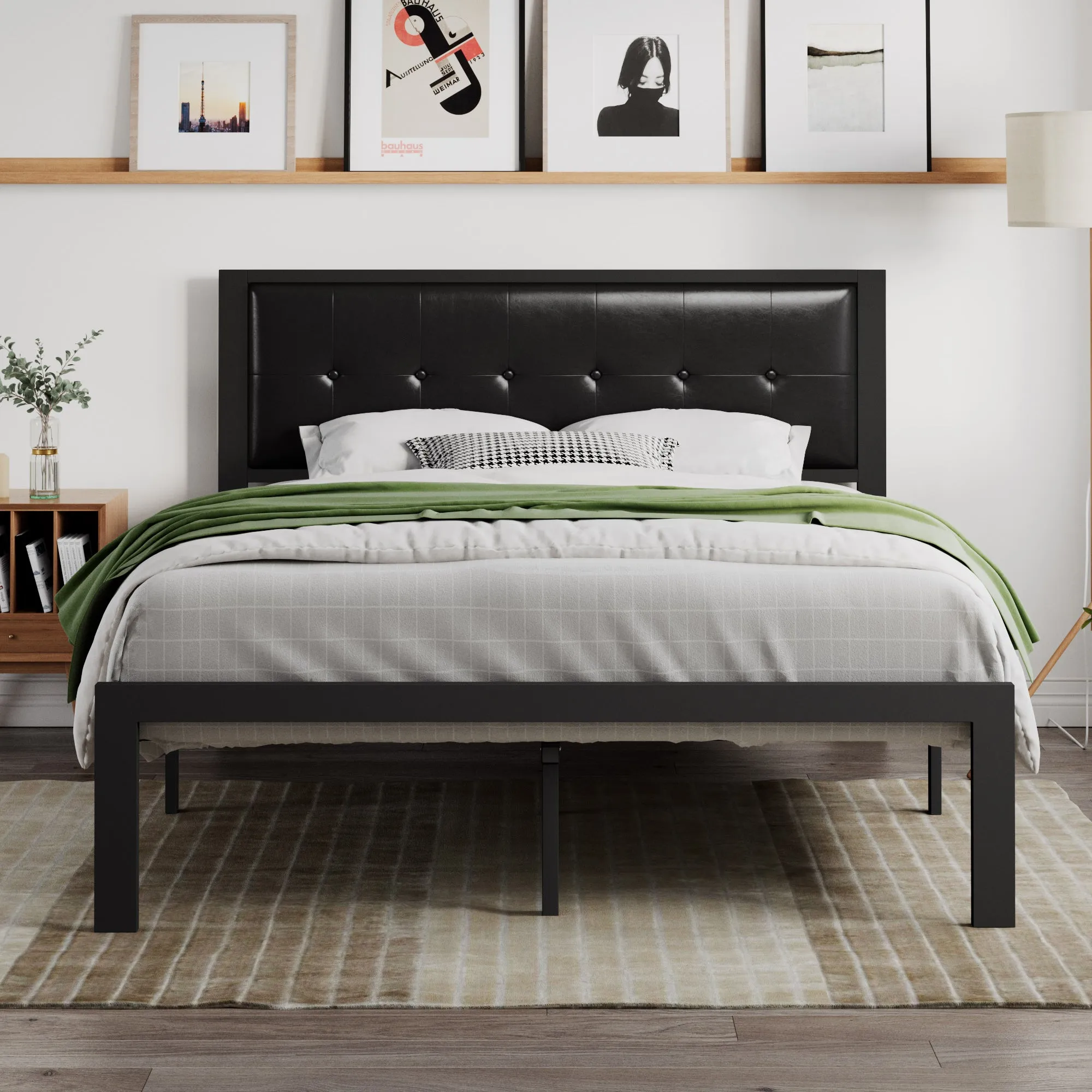 Metal Platform Bed Frame with Headboard, Faux Leather Button Tufted Square Stitched Design