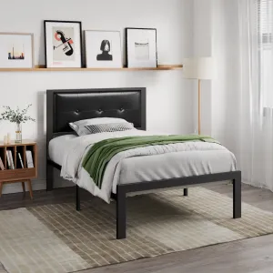 Metal Platform Bed Frame with Headboard, Faux Leather Button Tufted Square Stitched Design