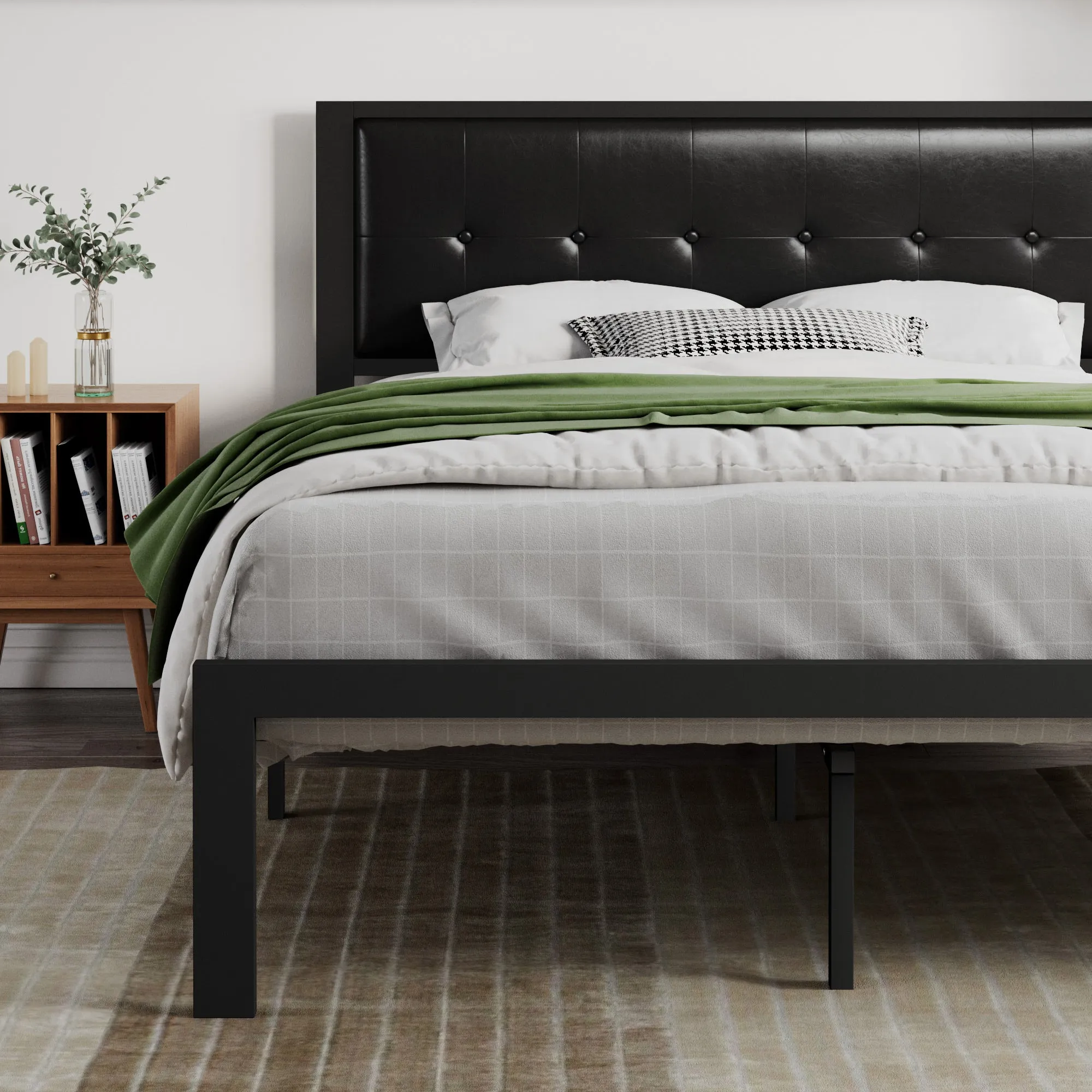 Metal Platform Bed Frame with Headboard, Faux Leather Button Tufted Square Stitched Design