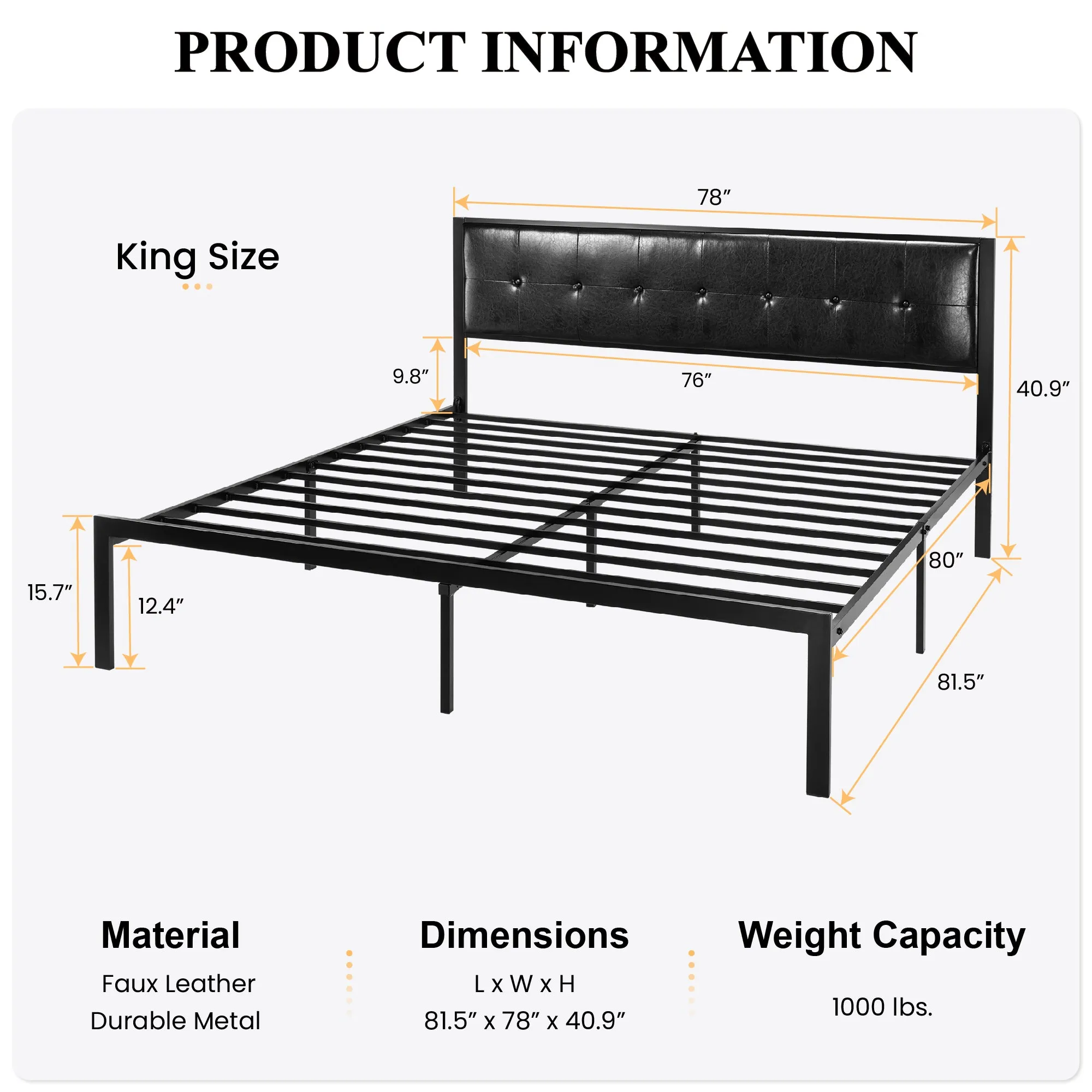 Metal Platform Bed Frame with Headboard, Faux Leather Button Tufted Square Stitched Design