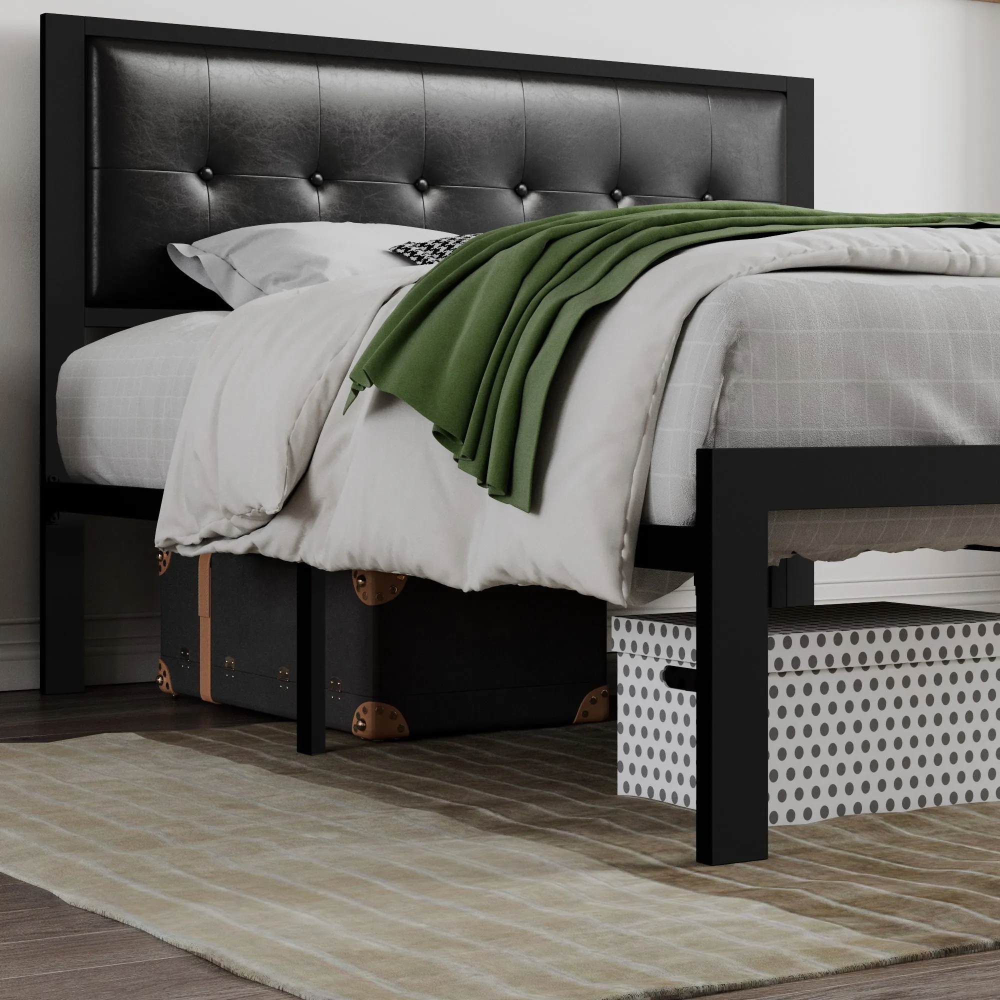 Metal Platform Bed Frame with Headboard, Faux Leather Button Tufted Square Stitched Design