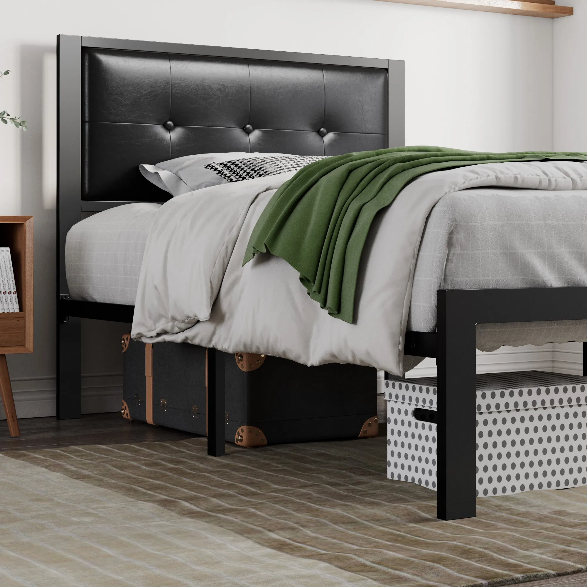 Metal Platform Bed Frame with Headboard, Faux Leather Button Tufted Square Stitched Design