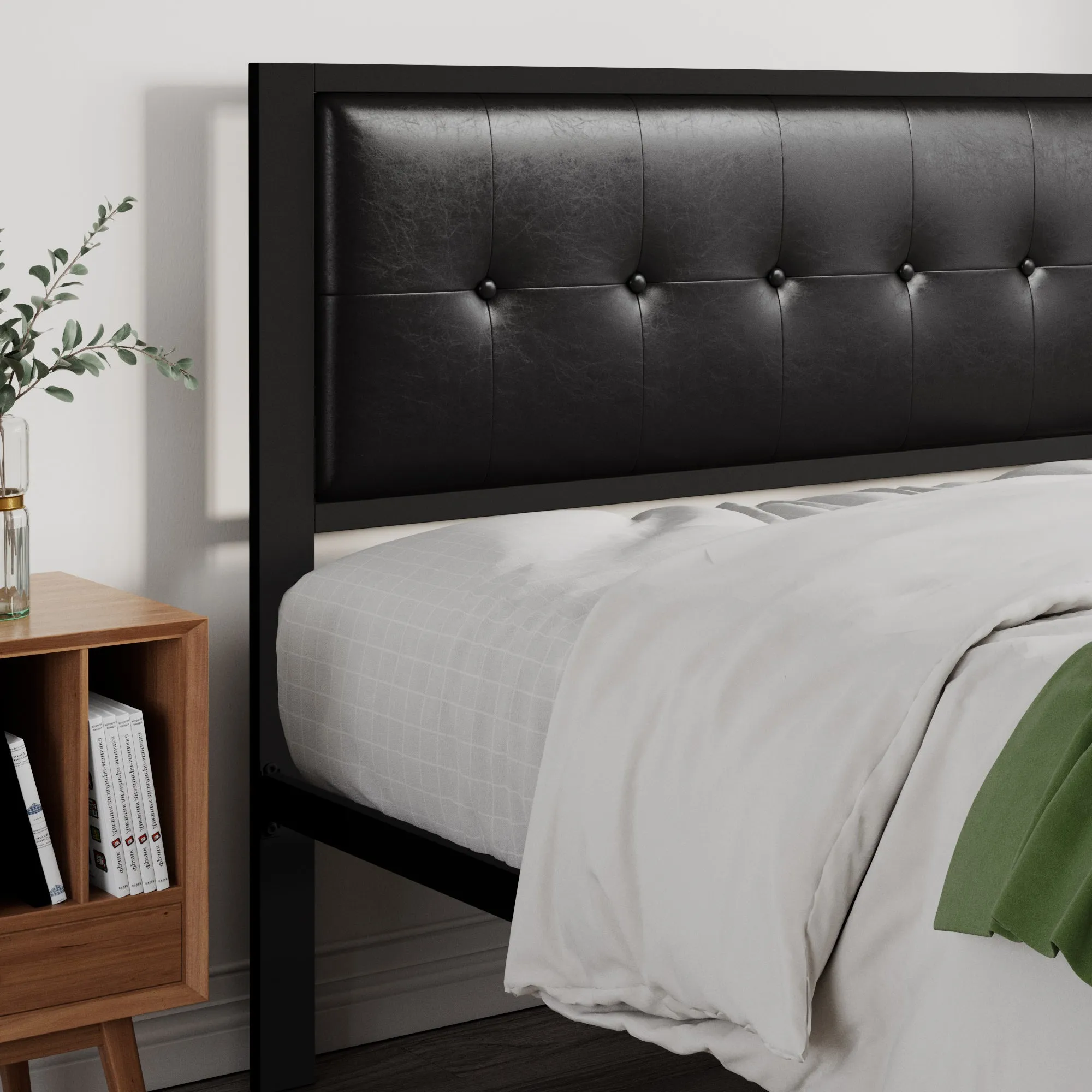 Metal Platform Bed Frame with Headboard, Faux Leather Button Tufted Square Stitched Design