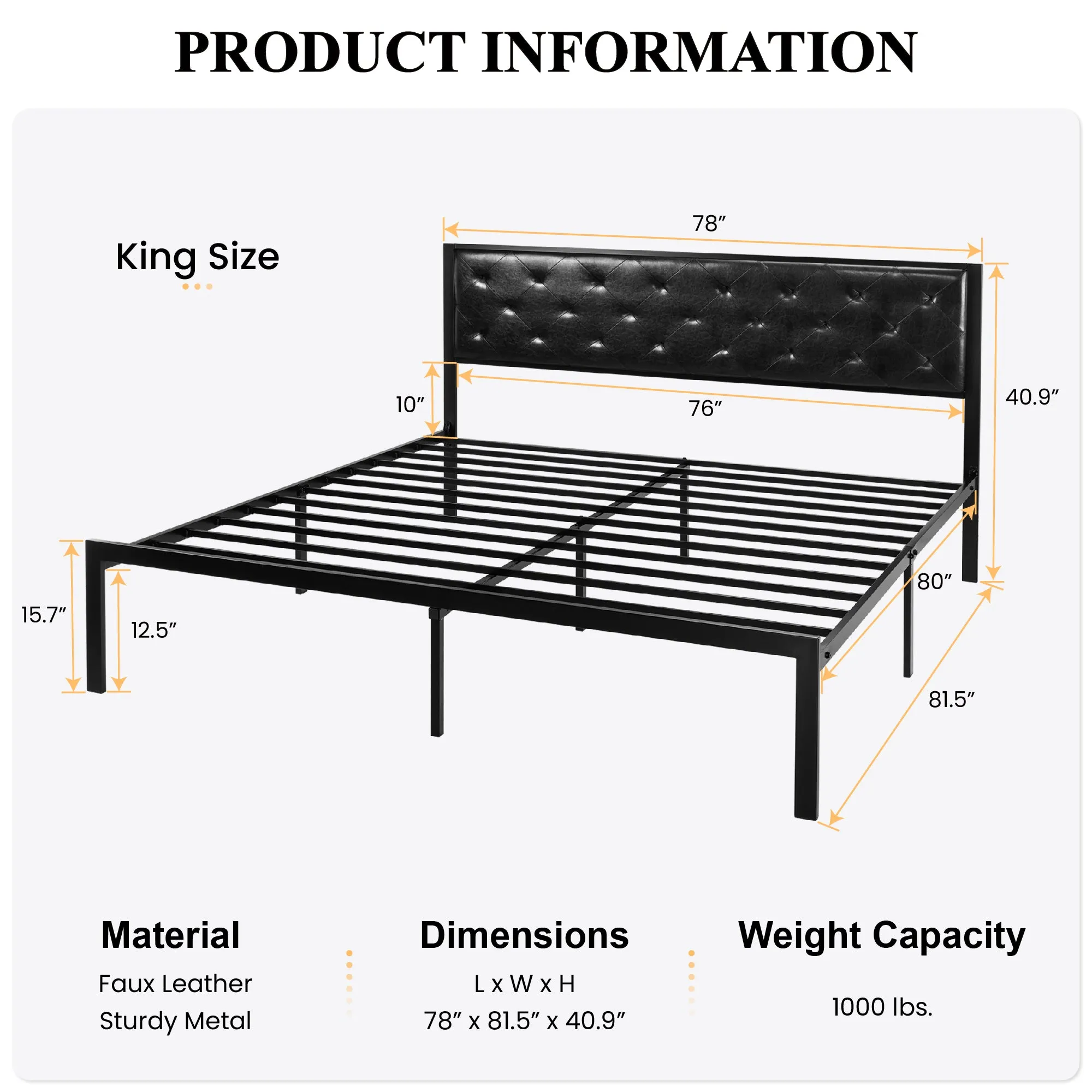 Metal Platform Bed Frame with Metal Slats, Faux Leather Diamond Stitched Design