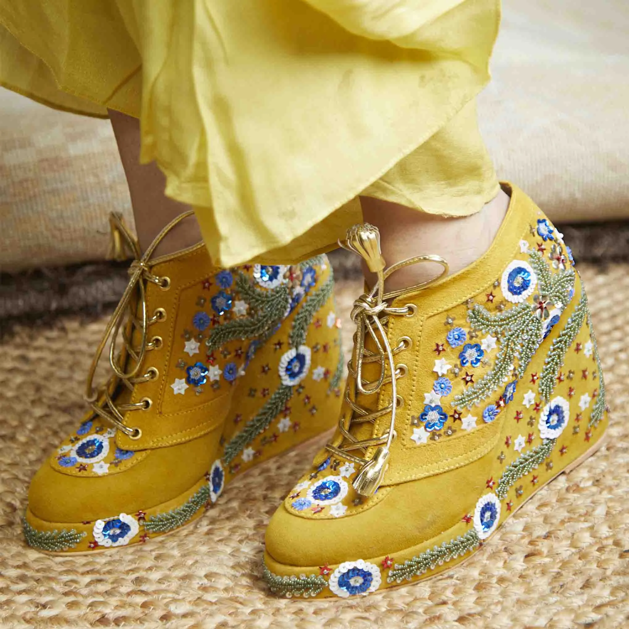 Mustard Embroidered Bridal Sneaker Wedges - Customized Wedding Shoes | Tiesta