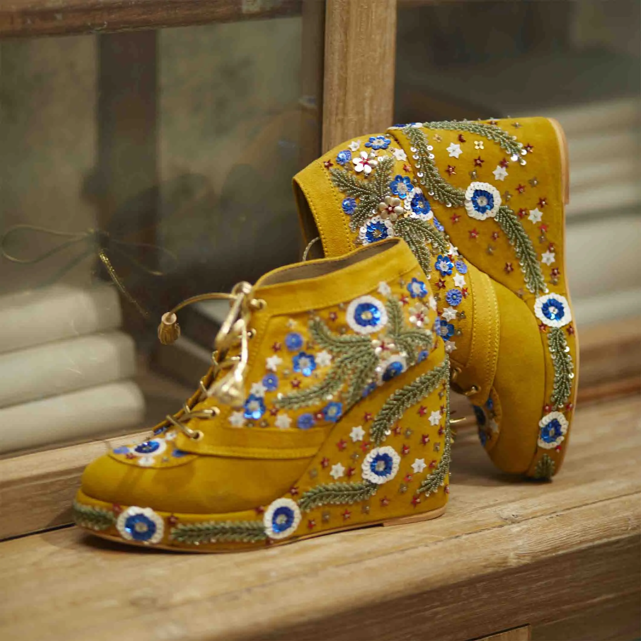 Mustard Embroidered Bridal Sneaker Wedges - Customized Wedding Shoes | Tiesta