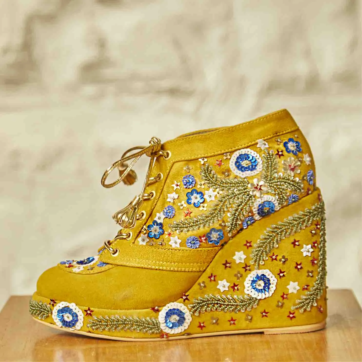 Mustard Embroidered Bridal Sneaker Wedges - Customized Wedding Shoes | Tiesta