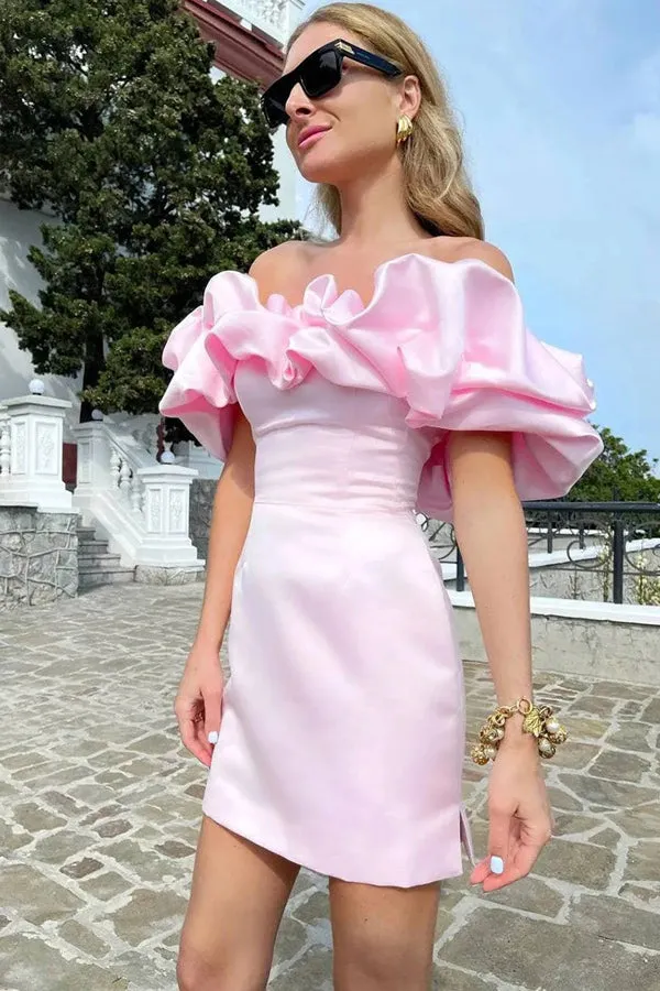 Off Shoulder Sleeveless Satin Mini Homecoming Dress With Ruffles PD540