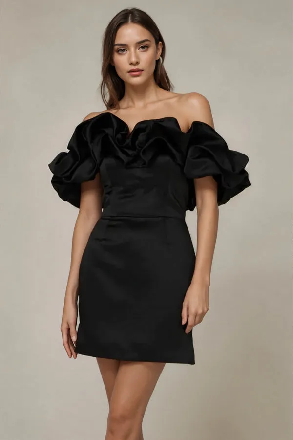 Off Shoulder Sleeveless Satin Mini Homecoming Dress With Ruffles PD540