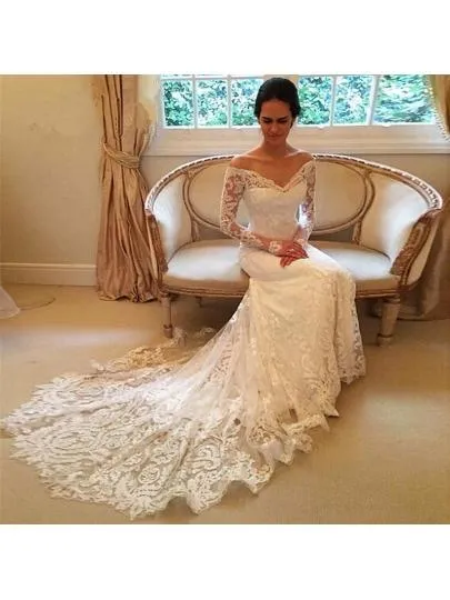 Off the Shoulder Long Sleeves Lace Wedding Dress Bridal Gown WD137