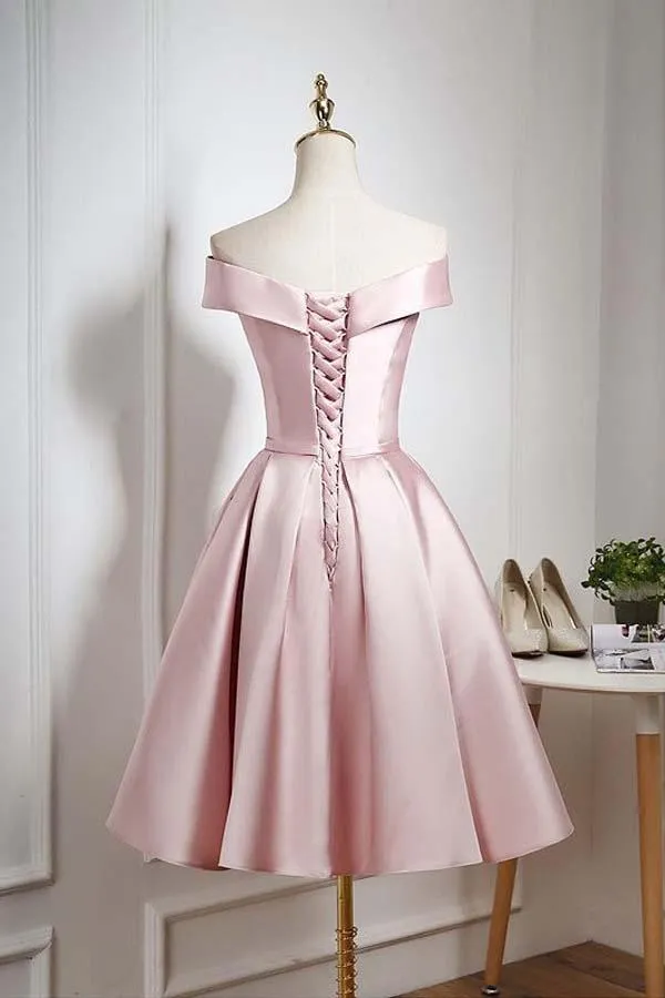 Pearl Pink Off Shoulder Knee Length Party/Homecoming Dress with Ruffle PD044