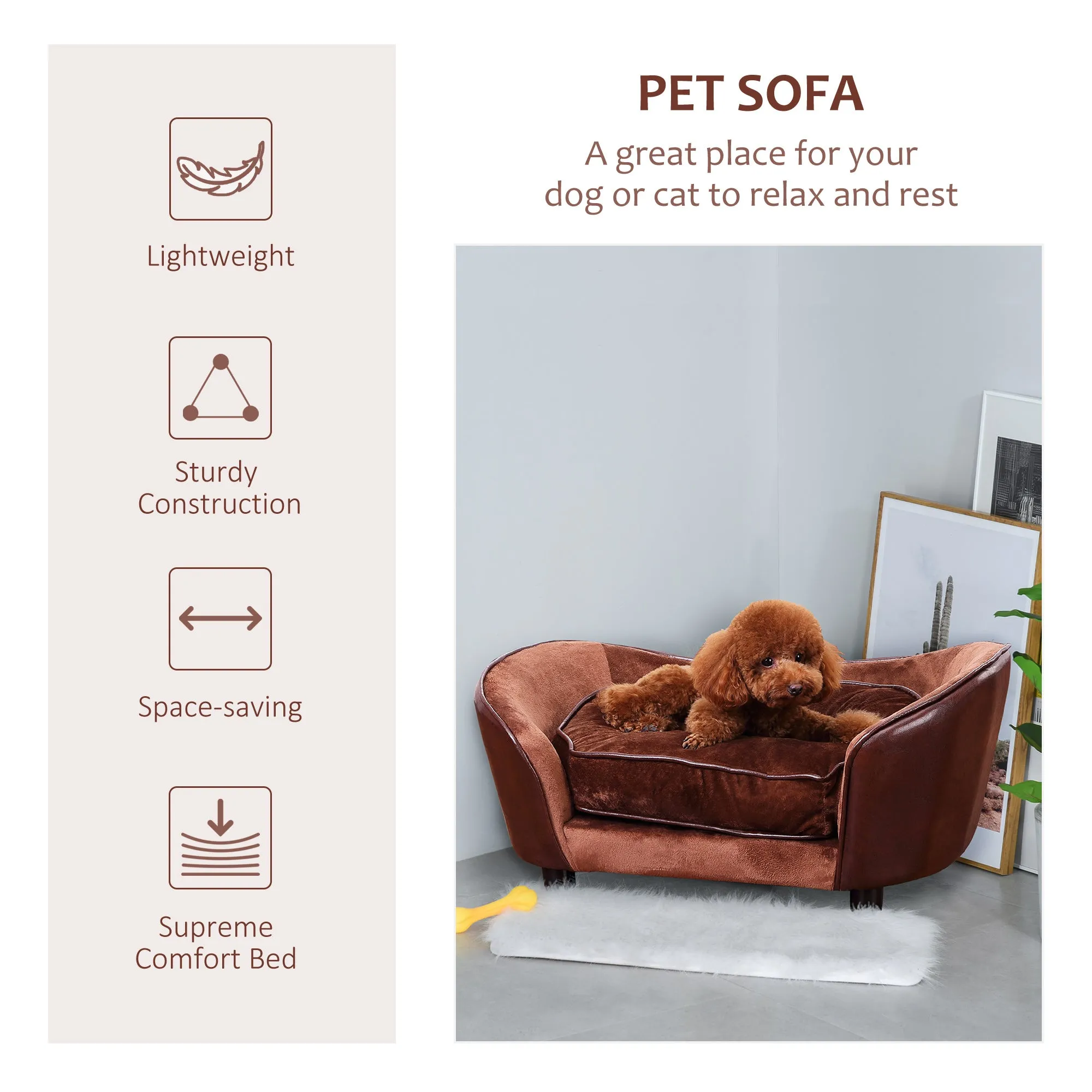 Pet Sofa Dog Couch, with Cushion, for Cats, Small Dogs - Brown