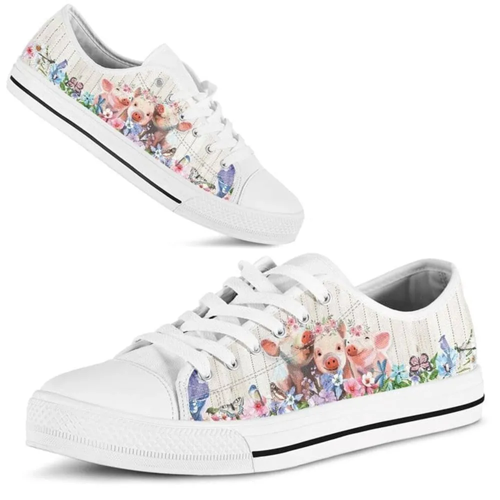 Pig Flower Watercolor Low Top Shoes, Animal Print Canvas Shoes, Print On Canvas Shoes