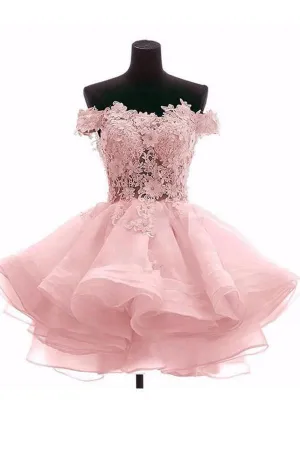 Pretty Off Shoulder Pink Organza Short Homecoming Dresses PD216