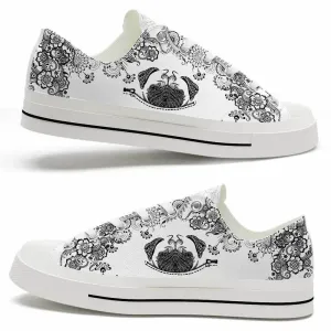 Pug Black White Flowers Low Top Shoes - Happy International Dog Day Canvas Sneaker, Dog Printed Shoes, Canvas Shoes For Men, Women