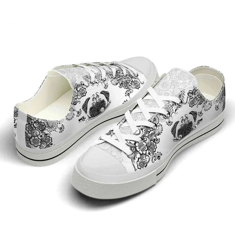 Pug Black White Flowers Low Top Shoes - Happy International Dog Day Canvas Sneaker, Dog Printed Shoes, Canvas Shoes For Men, Women