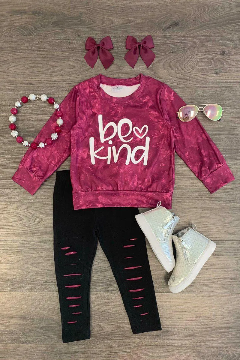 "Be Kind" Burgundy Distressed Legging Set