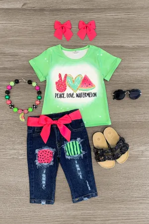 "Peace. Love. Watermelon" Green Denim Capri Set