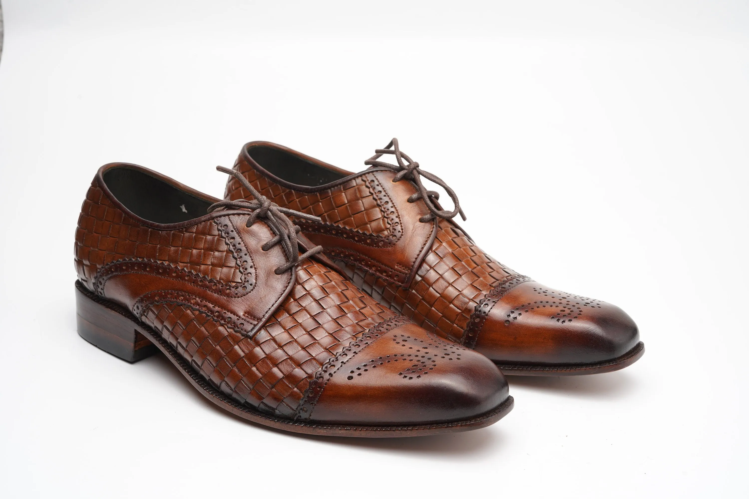 Real Handmade Cap Toe Derby Brogue Leather Shoes for men made of Hand Woven crust Leather