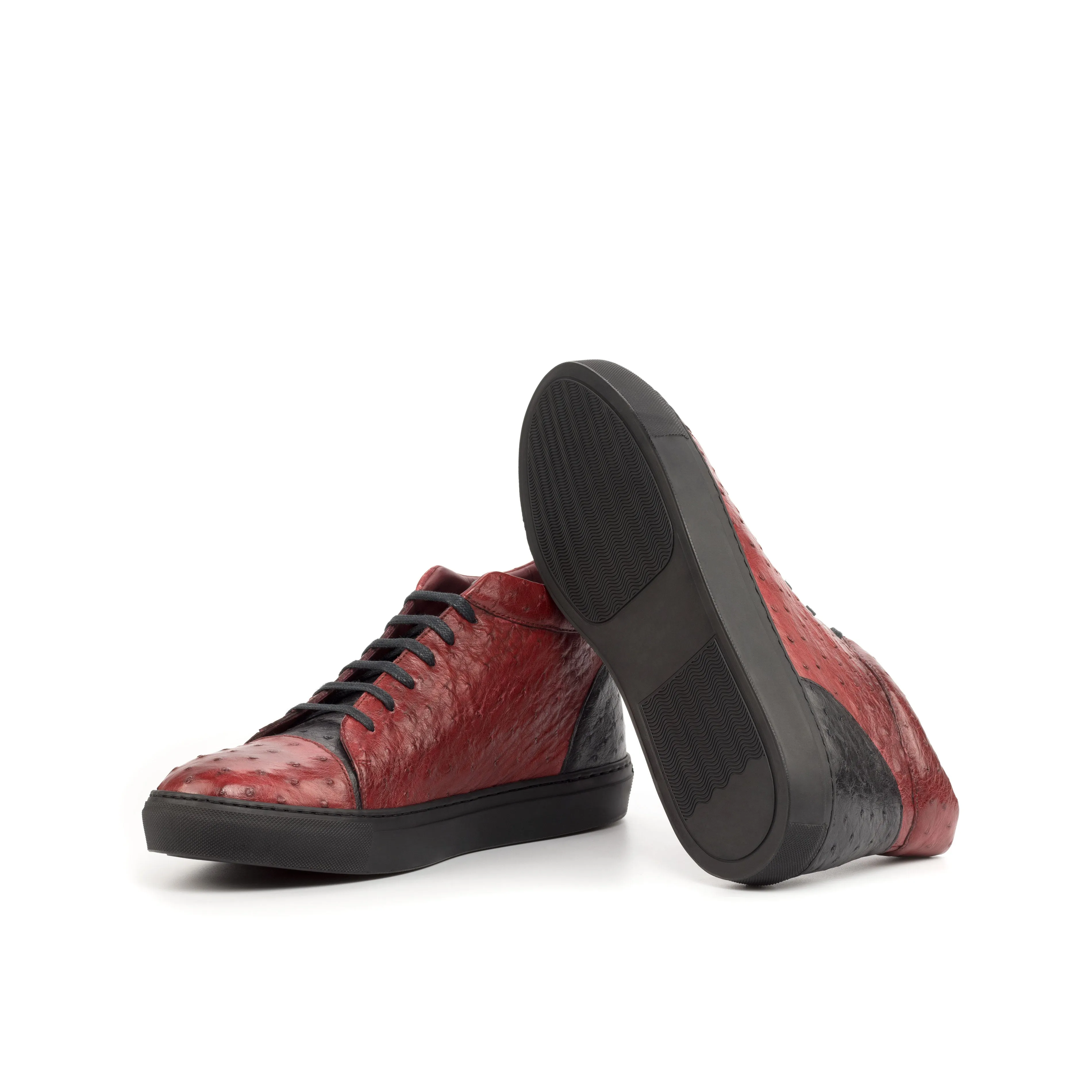 Red & Black Ostrich Leather High-Top Sneakers