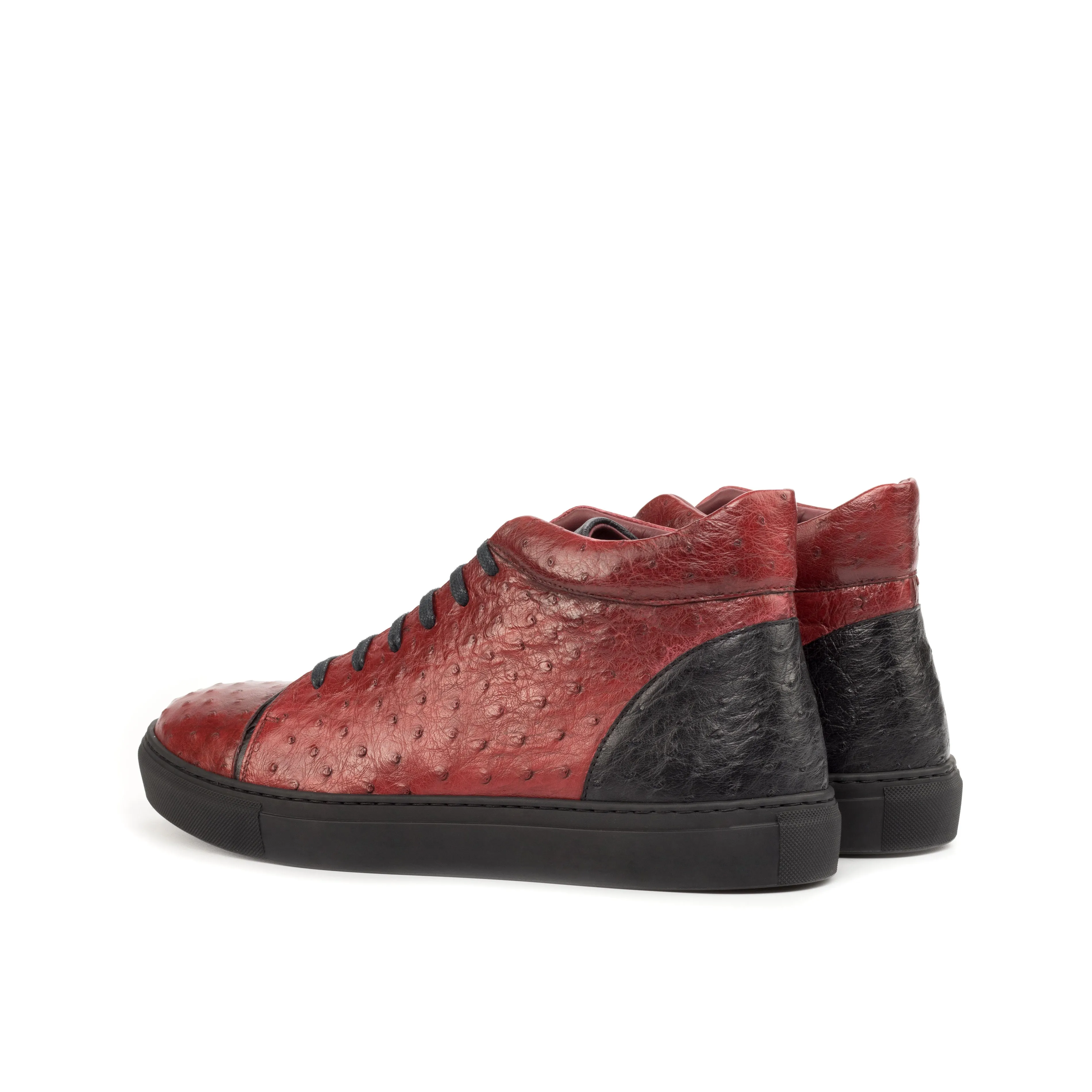 Red & Black Ostrich Leather High-Top Sneakers