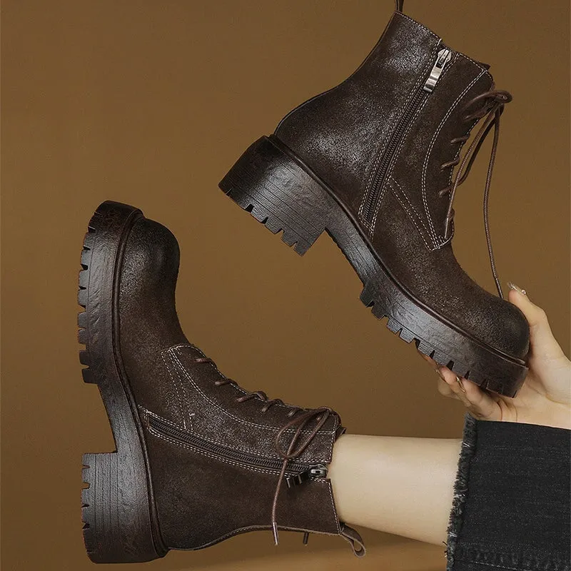 Retro Handmade Leather Mid Heel Martin Boots for Women Round Toe in Black/Brown