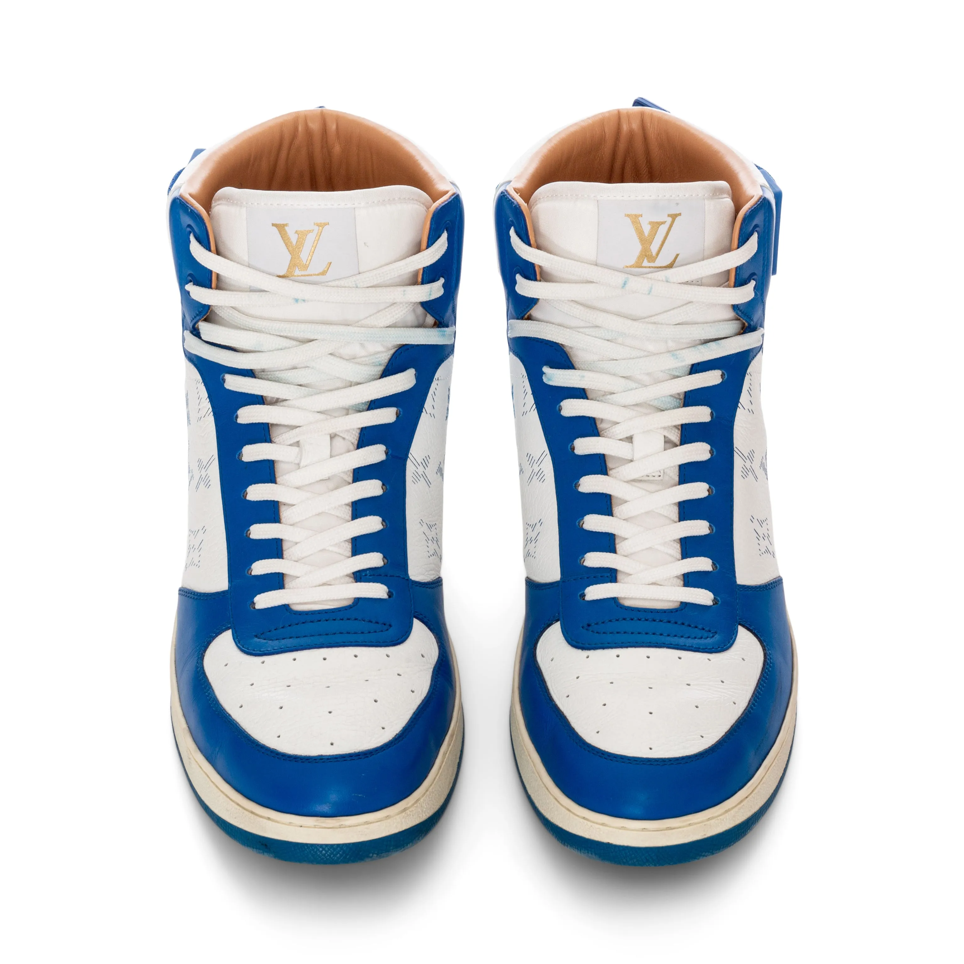 Rivoli Blue and White Leather Monogram High-Top Sneakers Men's 9