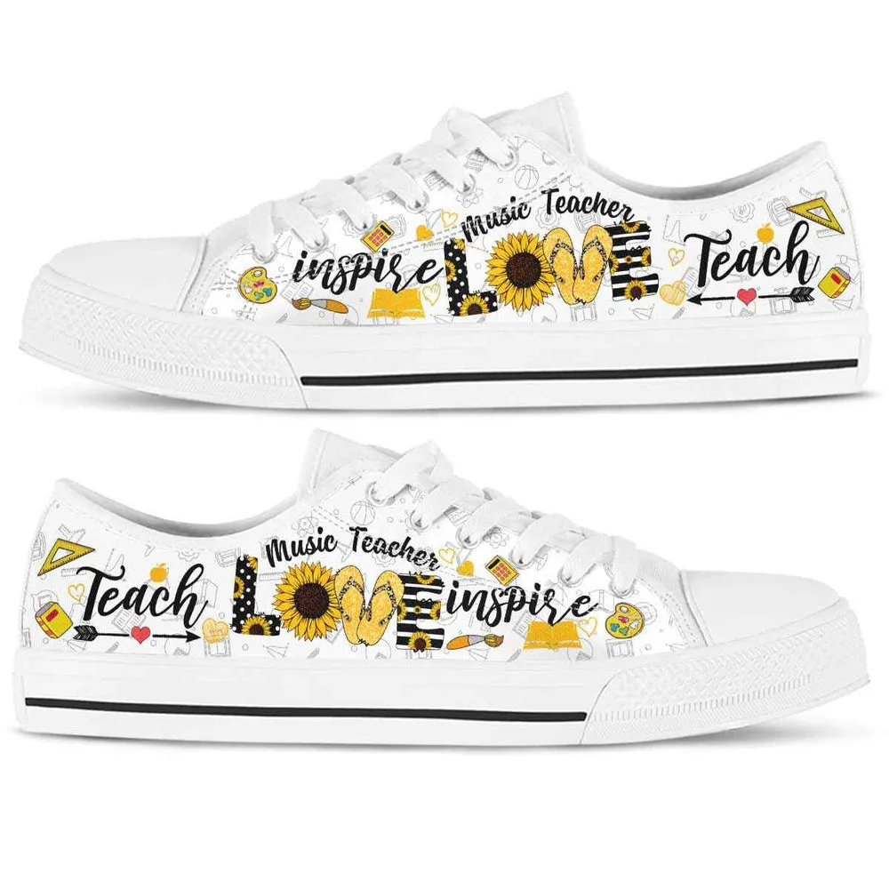 School Music Teacher Sunflower Teach Love Inspire Low Top Shoes, Teacher Shoes, Low Top Sneakers