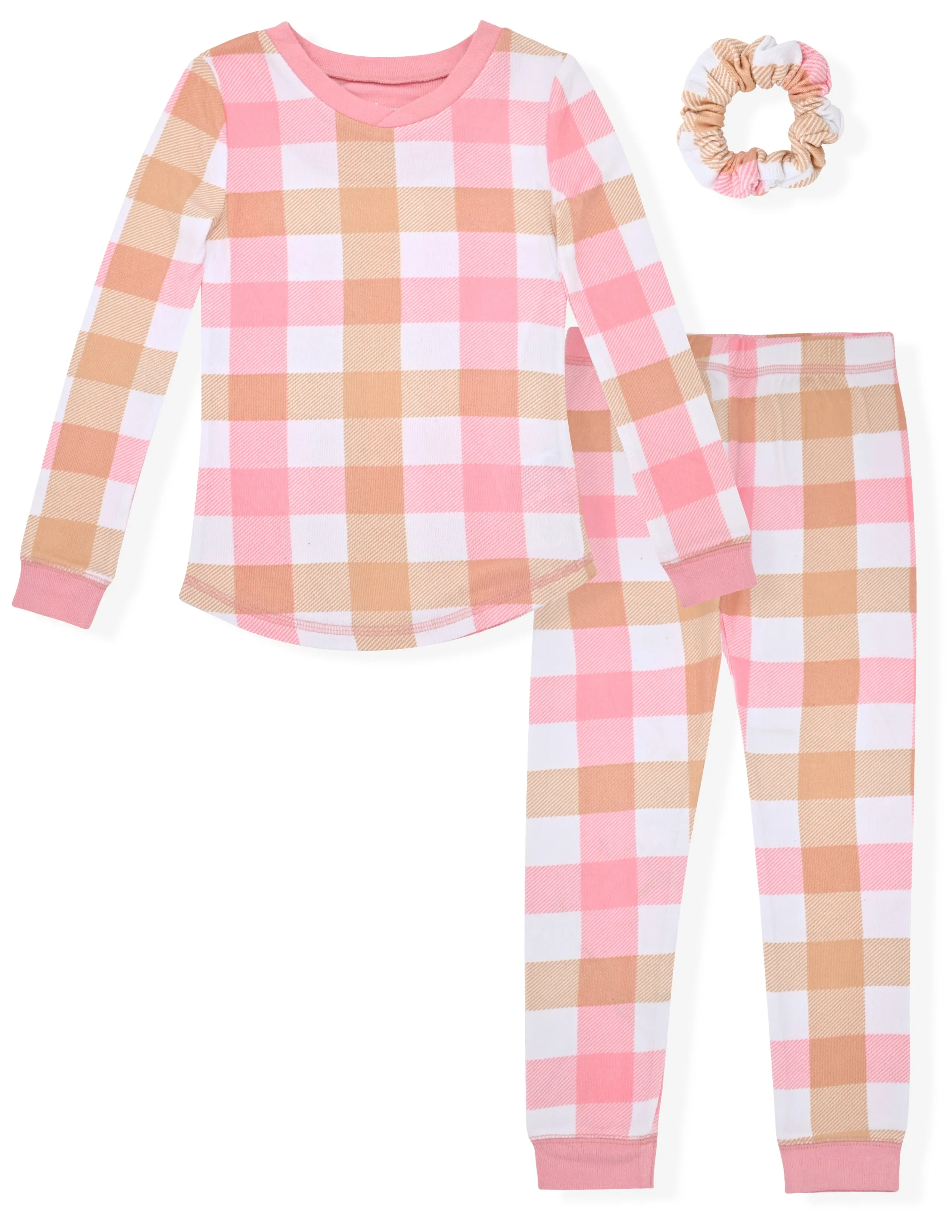 Sleep On It Girls 2-Piece Super Soft Jersey Long Sleeve Snug-Fit Pajama Set for Toddlers & Girls with Scrunchie - Checkerboard