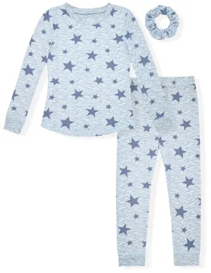 Sleep On It Girls 2-Piece Super Soft Jersey Long Sleeve Snug-Fit Pajama Set for Toddlers & Girls with Scrunchie - Textured Stars