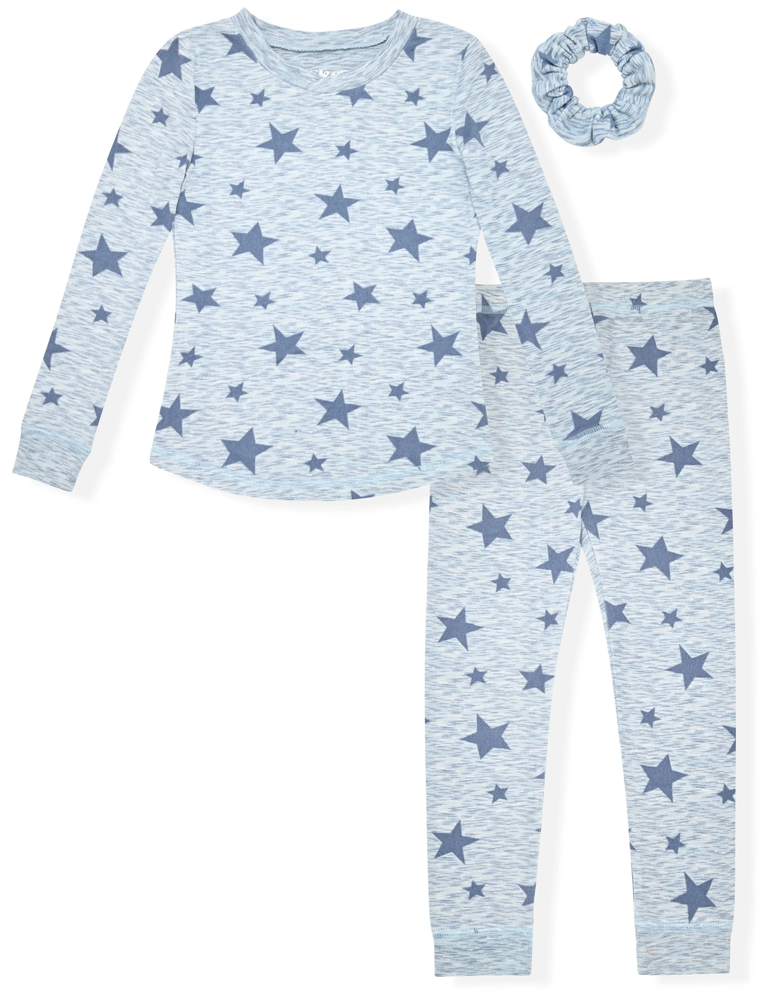 Sleep On It Girls 2-Piece Super Soft Jersey Long Sleeve Snug-Fit Pajama Set for Toddlers & Girls with Scrunchie - Textured Stars