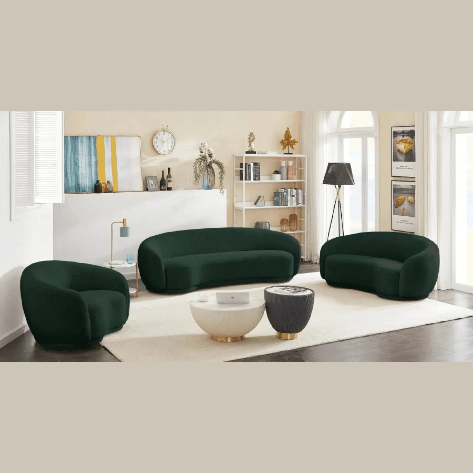 Snug Rounded Back Rich Green Modern Boucle Sofa