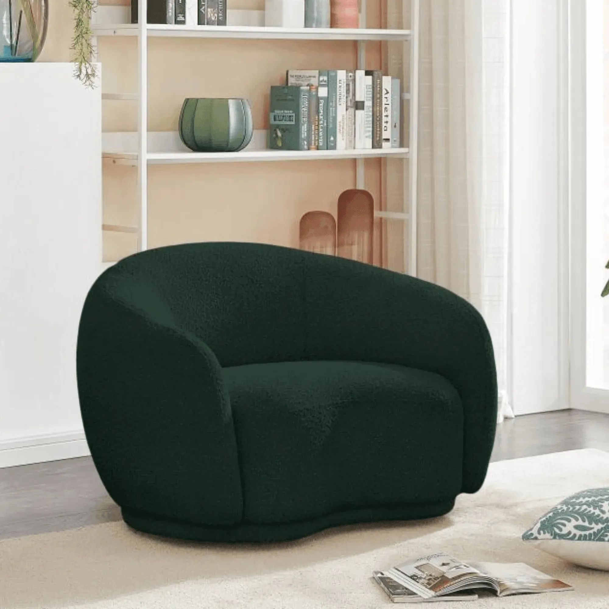 Snug Rounded Back Rich Green Modern Boucle Sofa