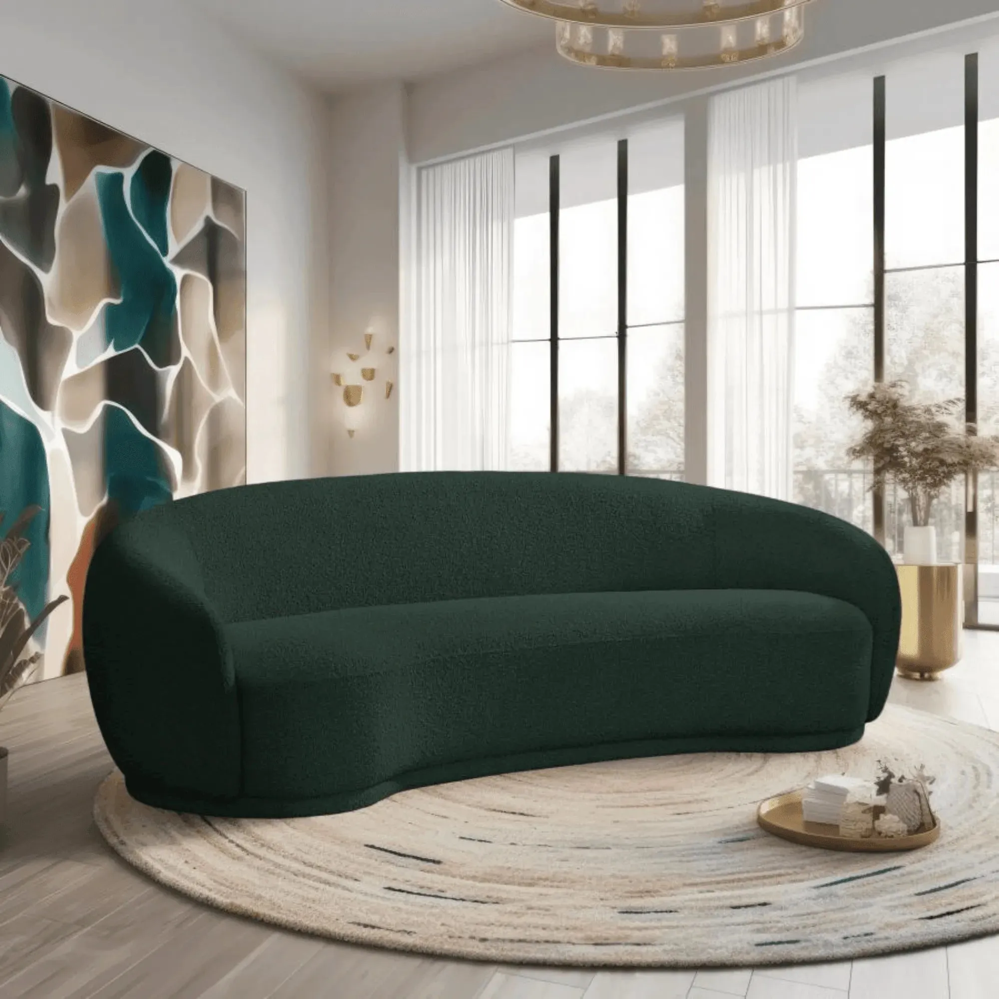 Snug Rounded Back Rich Green Modern Boucle Sofa