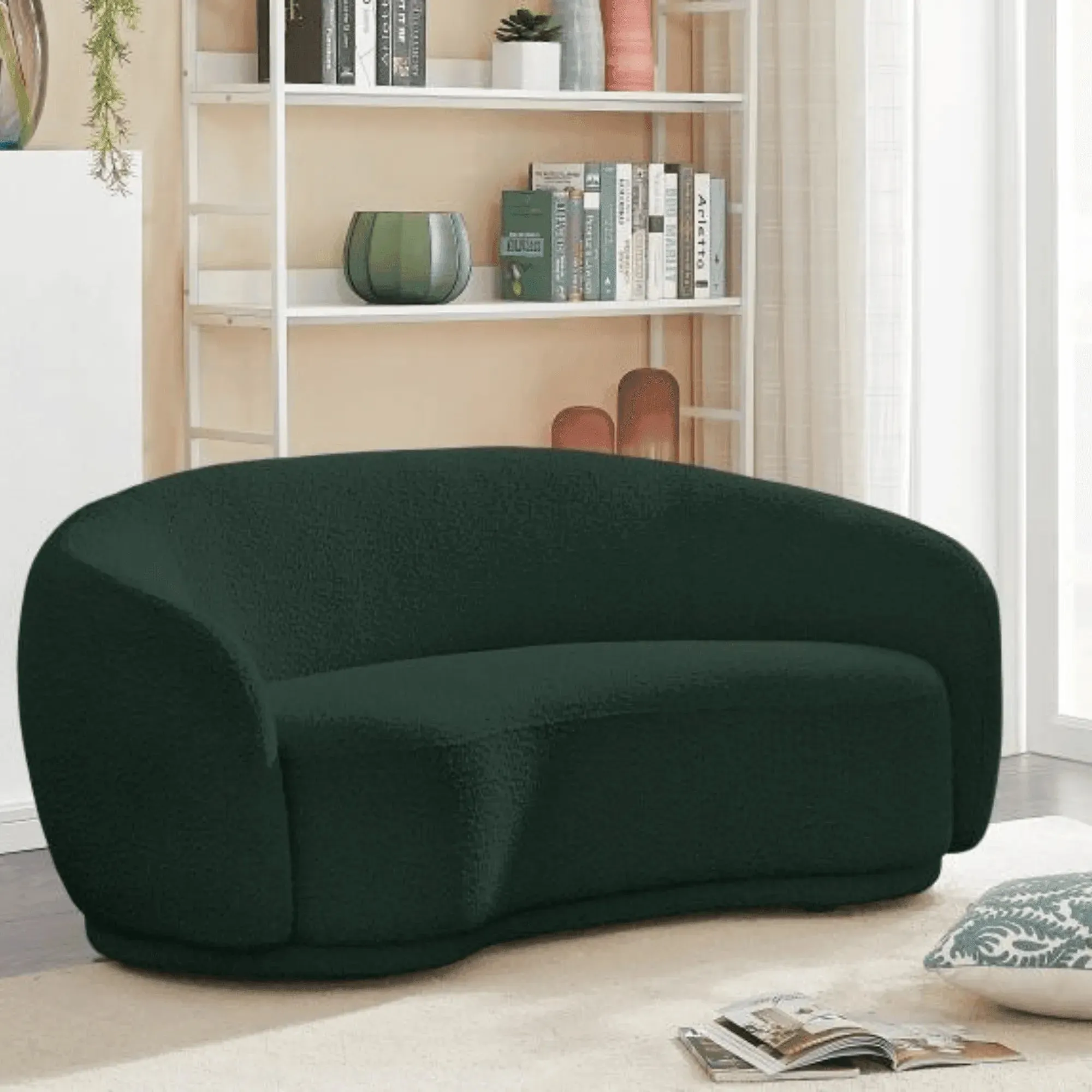 Snug Rounded Back Rich Green Modern Boucle Sofa