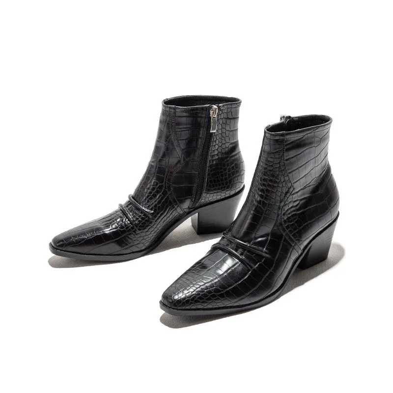 Square-Toe High-Heel Stone Pattern PU Leather Ankle Boots Side Zipper Western Boots