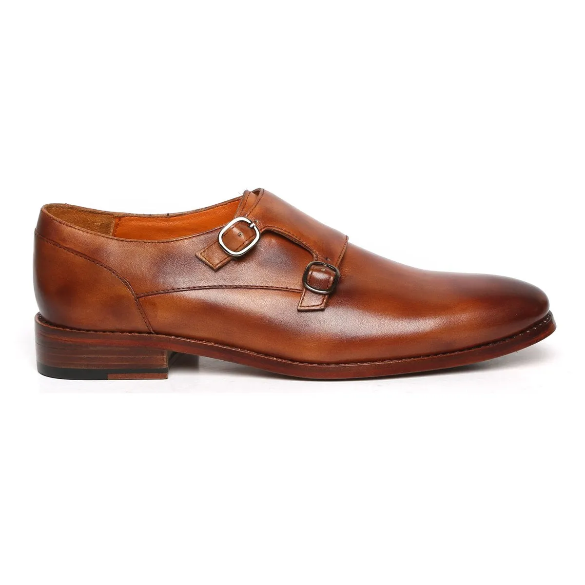 TAN CLOUDY FINISH LEATHER DOUBLE MONK SHOES BY BRUNE & BARESKIN